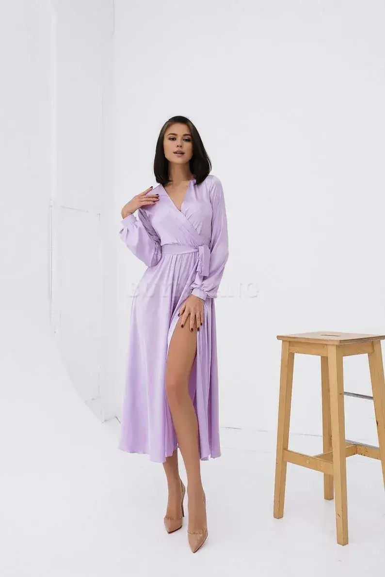 Buyishang Lilac Wrap Dress Waist Lilac Silk Midi Dress Cocktail Dress for Special Occasions Prom Dress Belted Dress V Neck Long Sleeves Dress